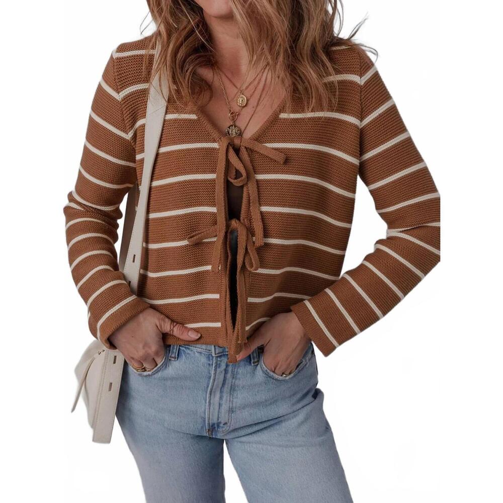 NEW LA SOCIETY tie front stripped v-neck cardigan in caramel